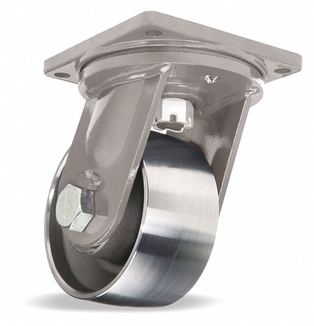 Plate Caster: Swivel, Face Brake, Steel, 8 in Wheel Dia, 4 in Wheel Wd, 11 in Mounting Ht