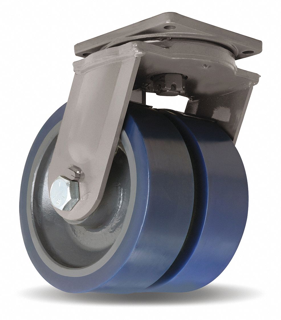 Plate Caster: Swivel, Face Brake, Polyurethane, 12 in Wheel Dia, 4 in Wheel Wd, Hole, Brake