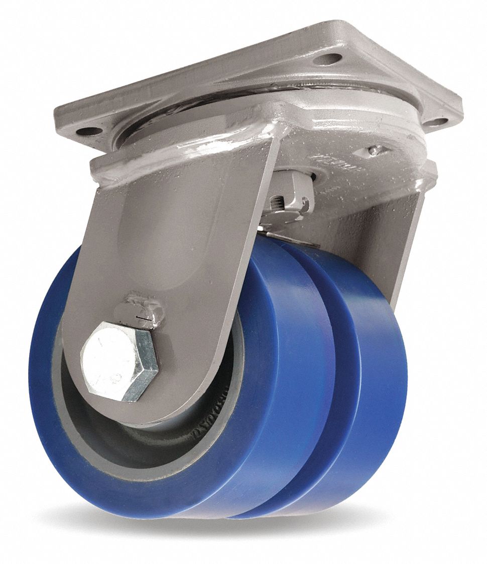 Plate Caster: Swivel, Face Brake, Polyurethane, 8 in Wheel Dia, 3 in Wheel Wd, Hole, Roller