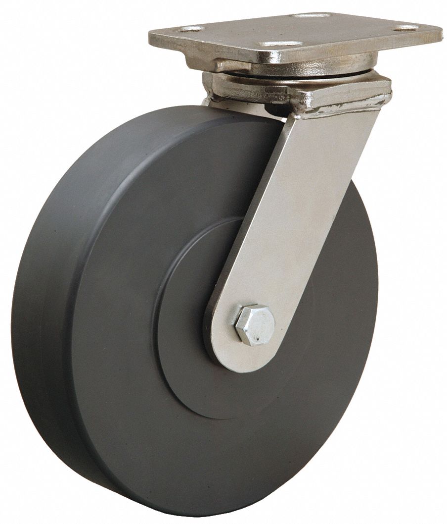 Plate Caster: Swivel, Nylon, 8 in Wheel Dia, 2 in Wheel Wd, 9 3/4 in Mounting Ht, Rectangle