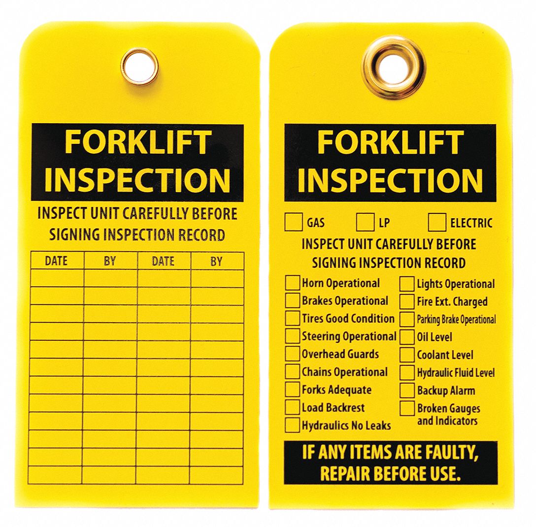 Tag: Forklift Inspection, 3 in Wd, 5 3/4 in Ht, Yellow, Plastic, 0.055 in Thick, Rectangle, 10 PK