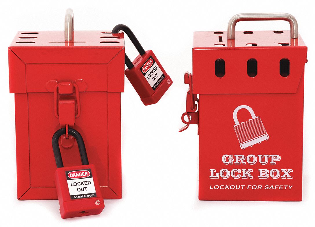 Group Lockout Box: Steel, Red, 6 in x 4.5 in 4.5 in, Portable, Hinged, 13 Padlocks