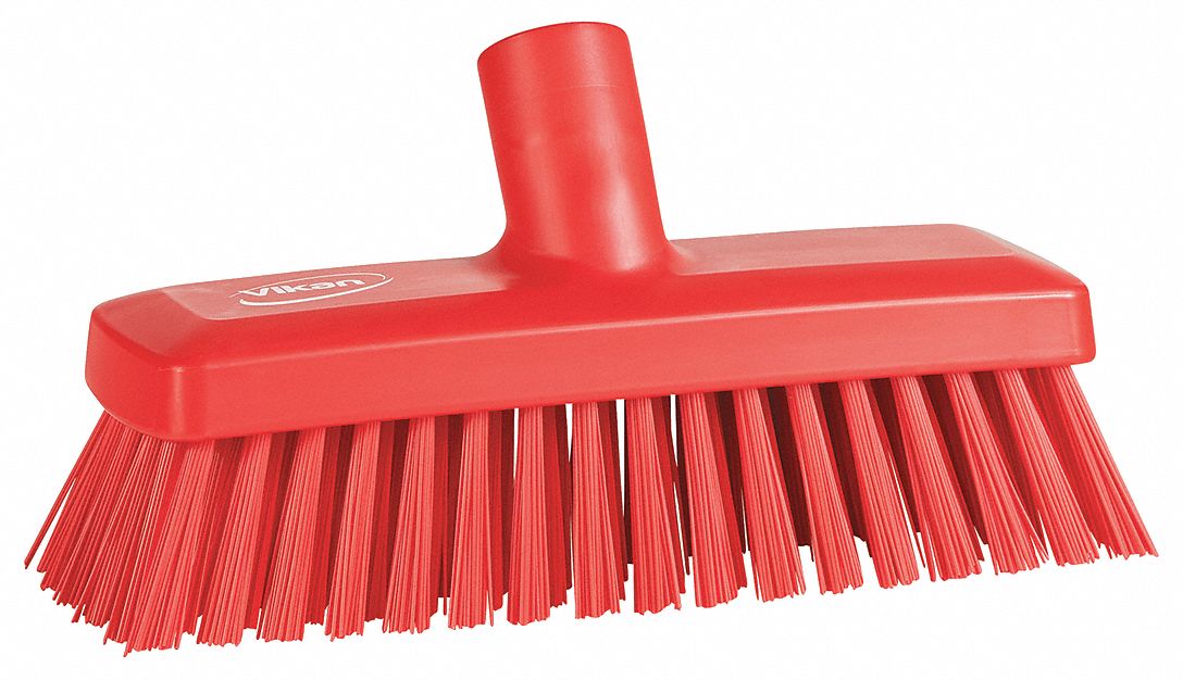 DECK AND WALL BRUSH HEAD, STIFF, POLYESTER, 8⅞ IN BRUSH L, 3 IN HEAD W, RED