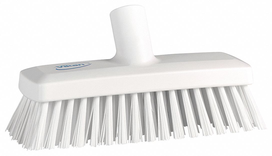 DECK AND WALL BRUSH HEAD, STIFF, POLYESTER, 8⅞ IN BRUSH L, 3 IN HEAD W, WHITE