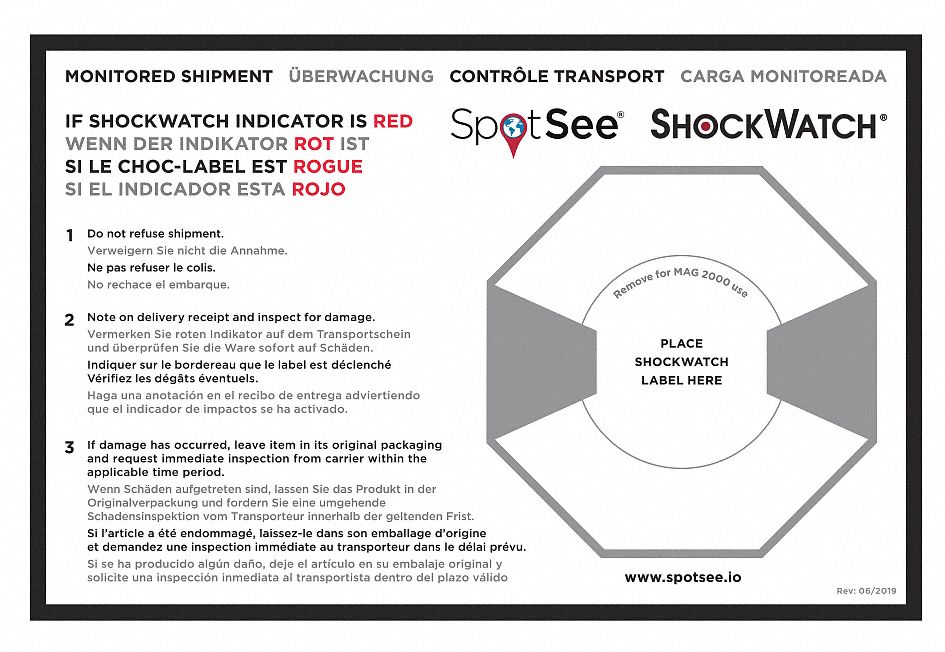 Shock Indicator Companion Label: 5 3/4 in Label Wd, 8 3/4 in Label Ht, Not Resettable, 200 PK