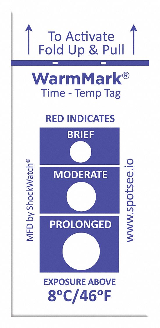 Temperature Indicator Label: 3/4 in Label Wd, 1 13/16 in Label Ht, -13° to 46°F, 100 PK