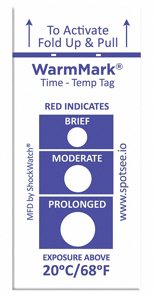 Temperature Indicator Label: 3/4 in Label Wd, 1 13/16 in Label Ht, -13° to 68°F, 100 PK