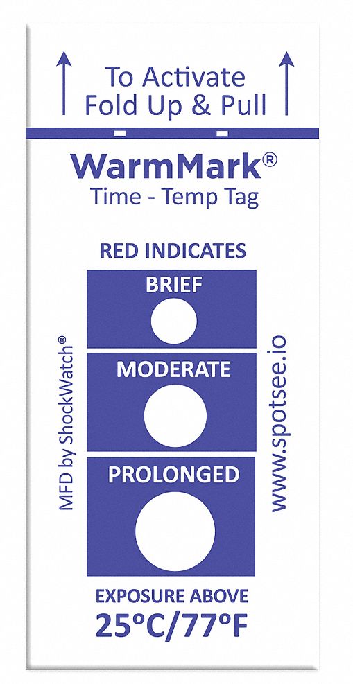 Temperature Indicator Label: 3/4 in Label Wd, 1 13/16 in Label Ht, -13° to 77°F, 100 PK