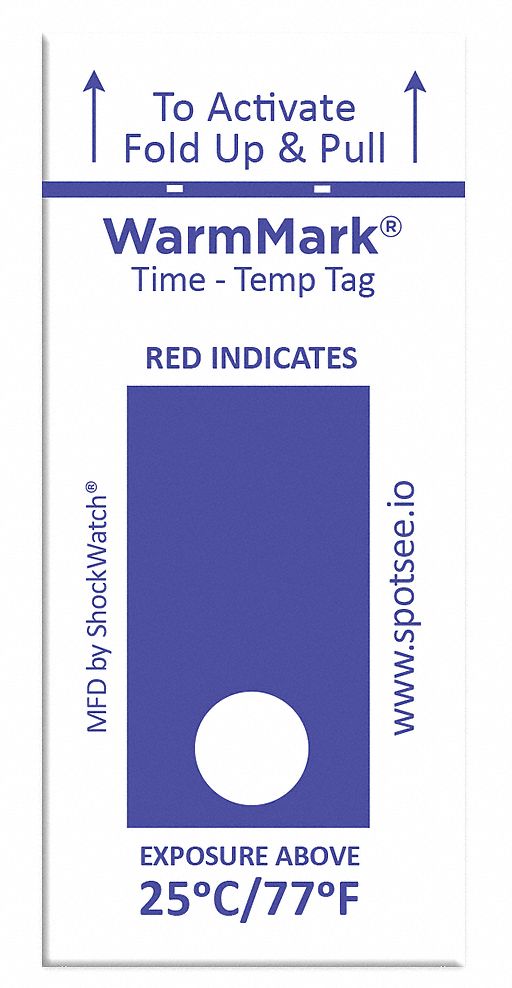Temperature Indicator Label: 3/4 in Label Wd, 1 13/16 in Label Ht, -13° to 77°F, Heat, 100 PK