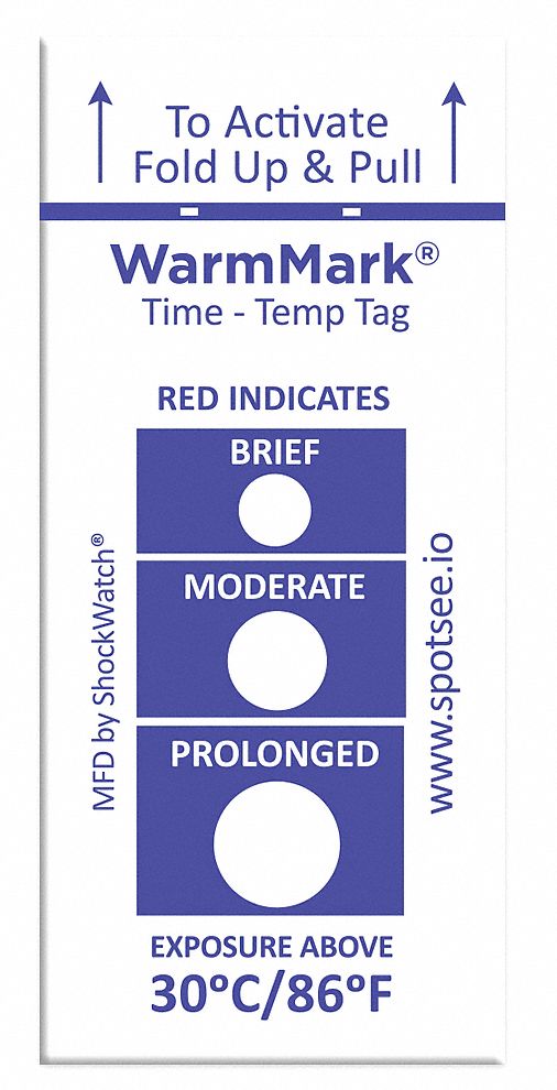 Temperature Indicator Label: 3/4 in Label Wd, 1 13/16 in Label Ht, -13° to 86°F, 100 PK