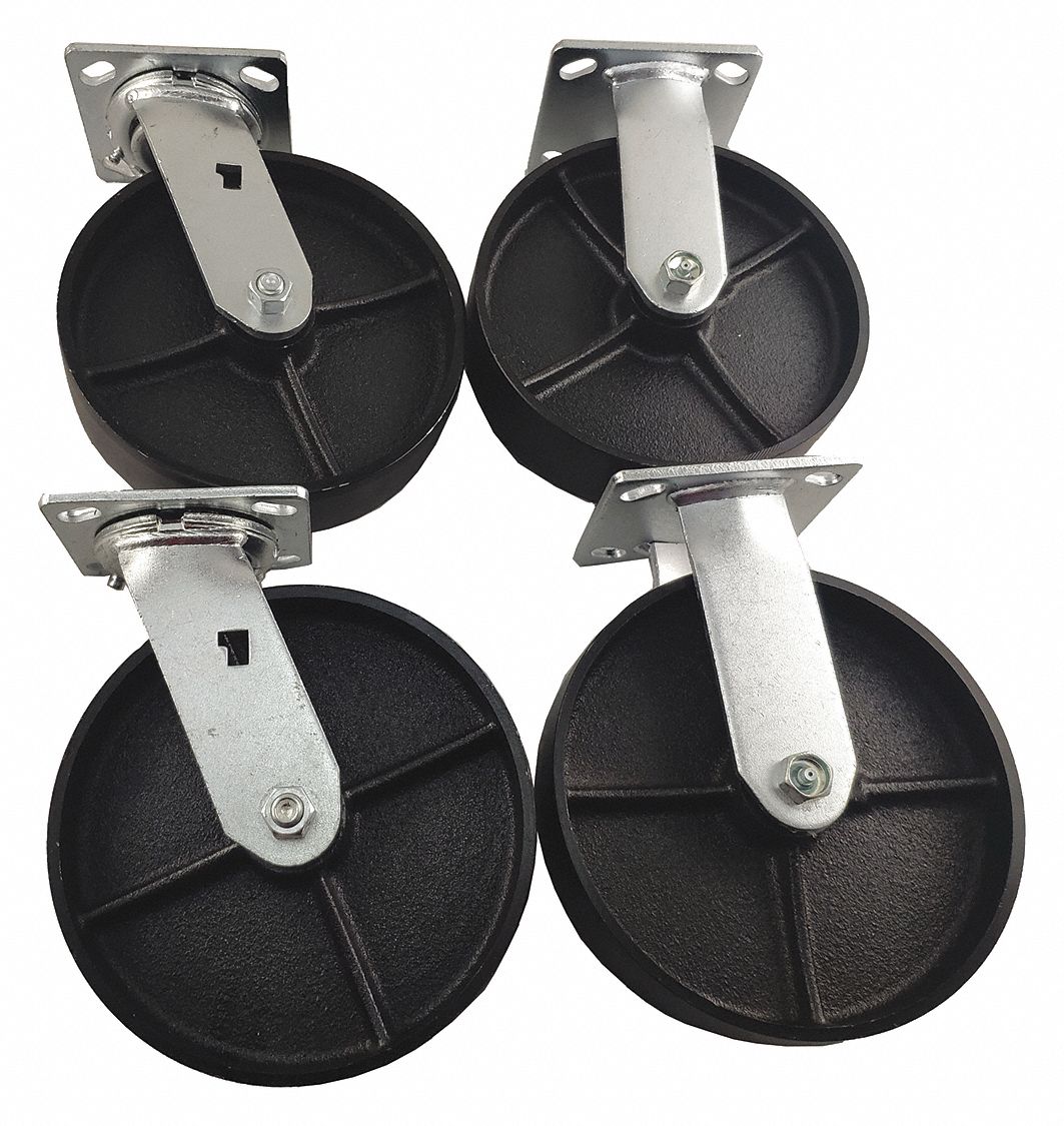 Plate Casters: Rigid/Swivel, No Brake, Iron, 8 in Wheel Dia, 2 in Wheel Wd, 4 PK