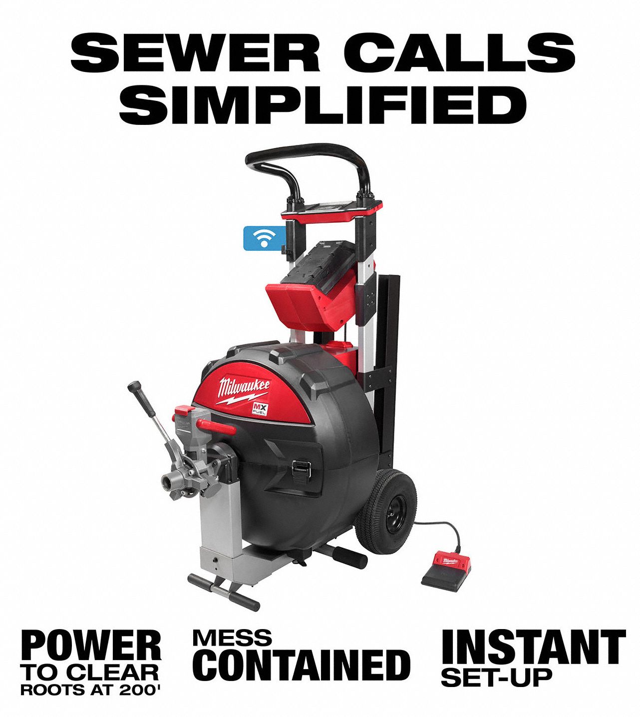 MILWAUKEE Drain Cleaning Machine, Drain Line I.D. Size Range 2 in to 8