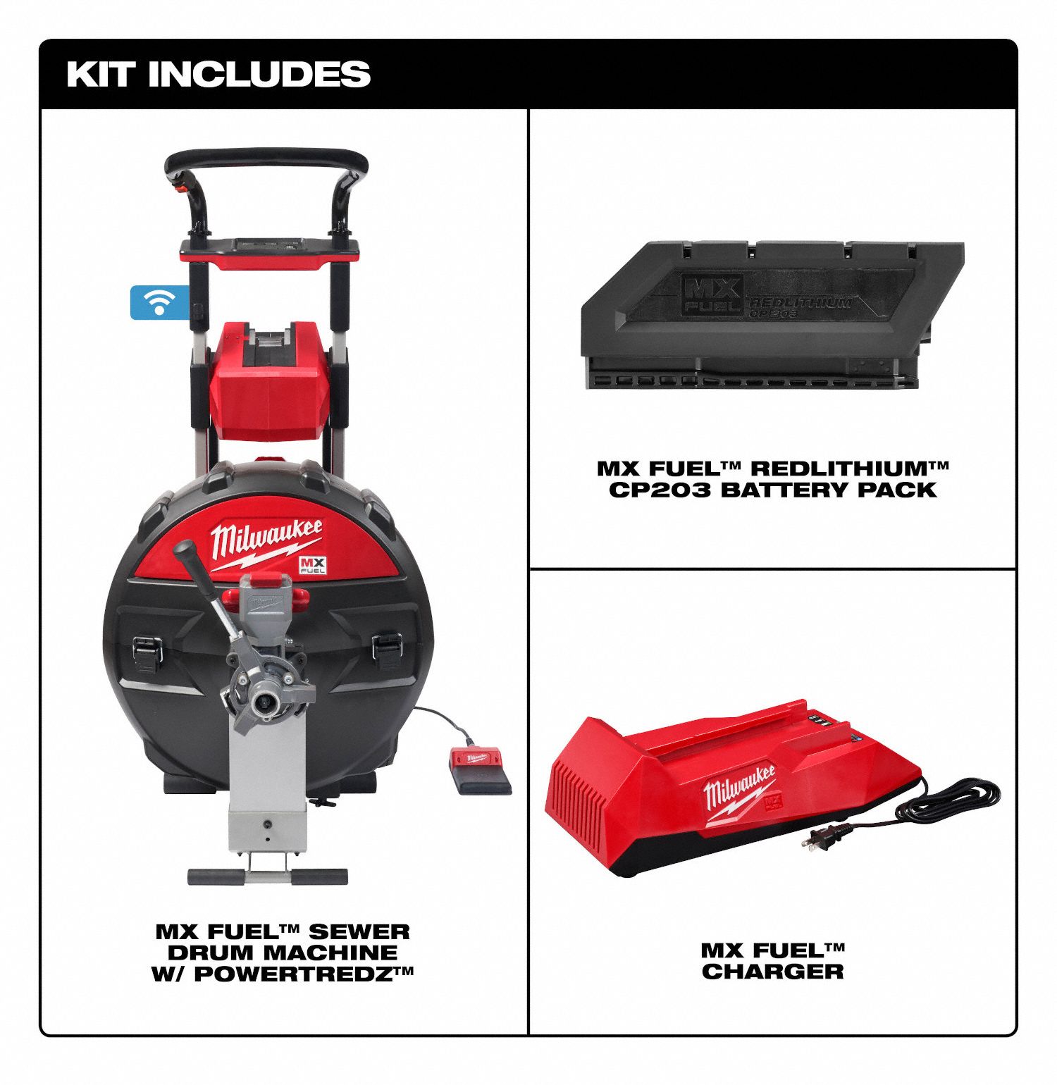 MILWAUKEE Drain Cleaning Machine, Drain Line I.D. Size Range 2 in to 8
