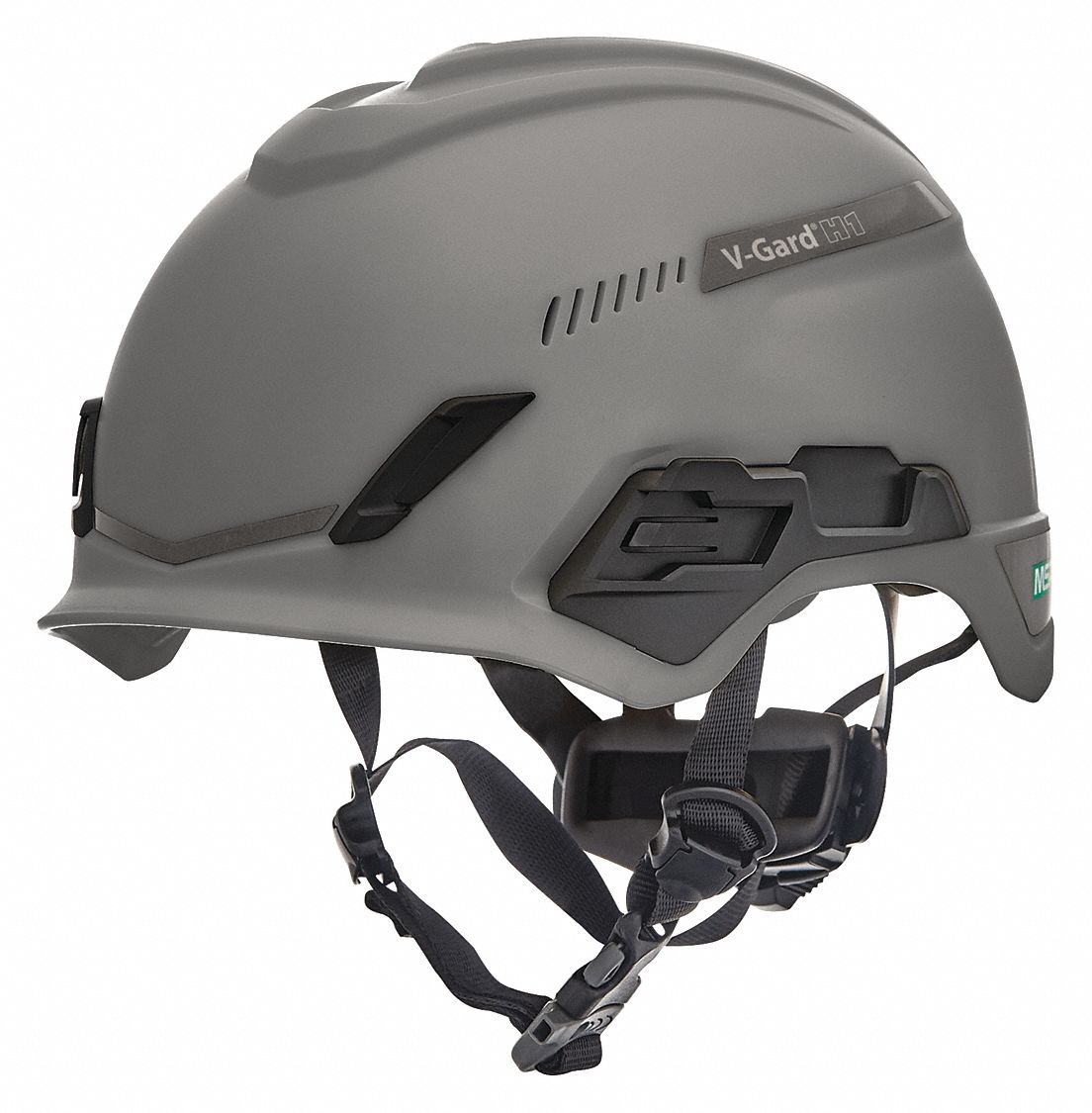 Hard Hat: Gray, No Graphics, Ratchet (4-Point), Ratchet, Polyethylene, Side-Slots, MSA, Solid