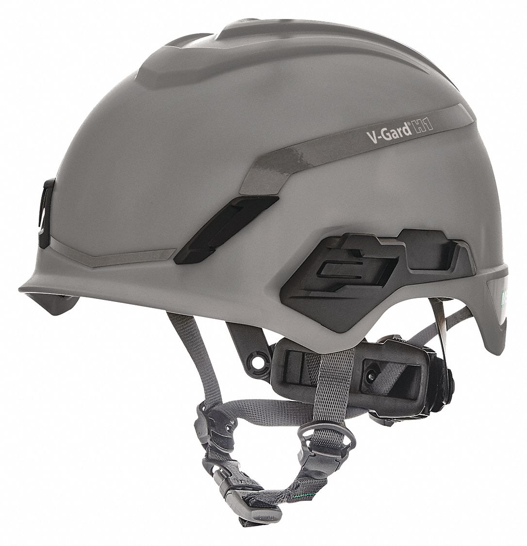 Hard Hat: Gray, No Graphics, Ratchet (4-Point), Ratchet, Polyethylene, Side-Slots, MSA, Solid