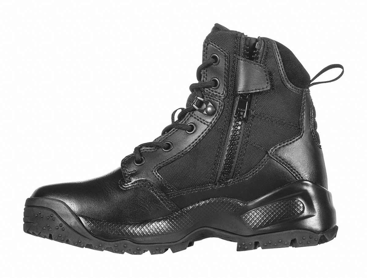 Tactical Boots: Plain, Black, Front Lace and Side Zipper, R, 6 1/2, 1 PR