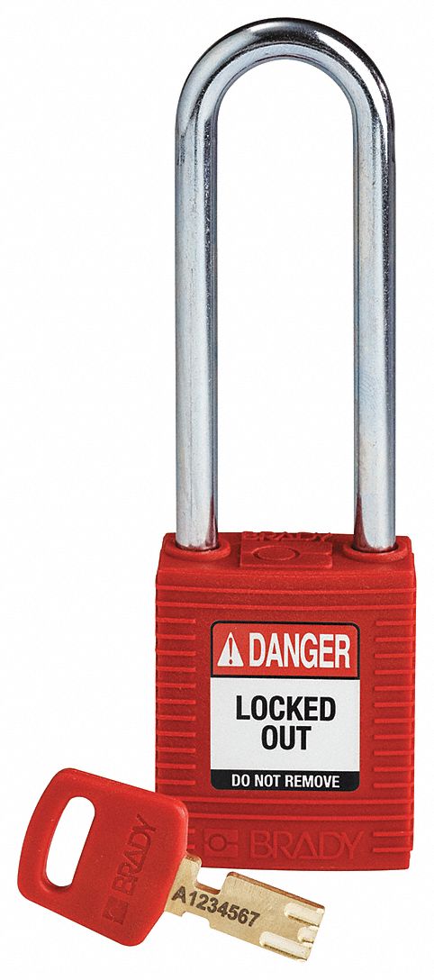 Lockout Padlock: Keyed Different, Nylon, Std Body Body Size, Steel, Extended, Red, 1 Pack Size
