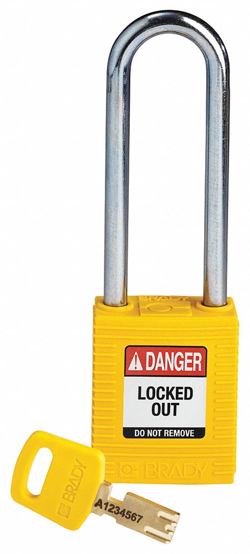 Lockout Padlock: Keyed Different, Nylon, Std Body Body Size, Steel, Extended, Yellow, Plastic
