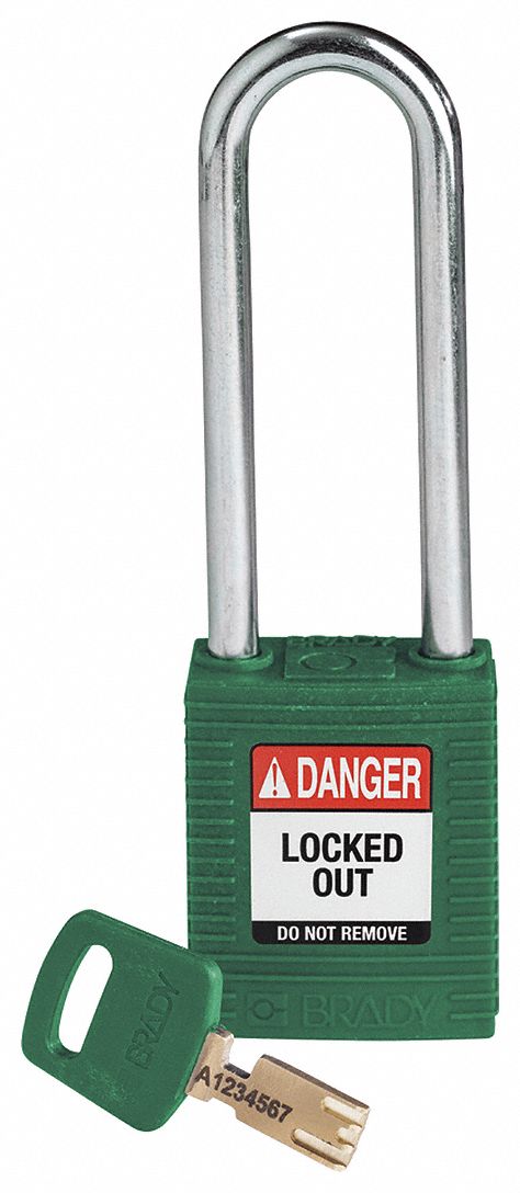 Lockout Padlock: Keyed Different, Nylon, Std Body Body Size, Steel, Extended, Green, Plastic