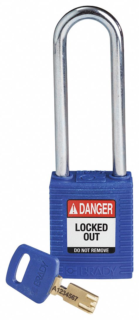 Lockout Padlock: Keyed Different, Nylon, Std Body Body Size, Steel, Extended, Blue, Plastic