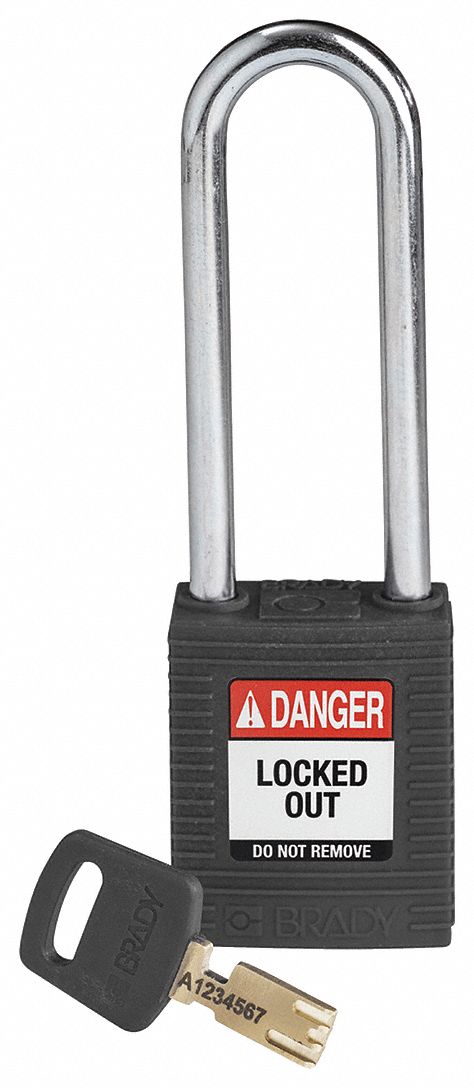 Lockout Padlock: Keyed Different, Nylon, Std Body Body Size, Steel, Extended, Black, Plastic