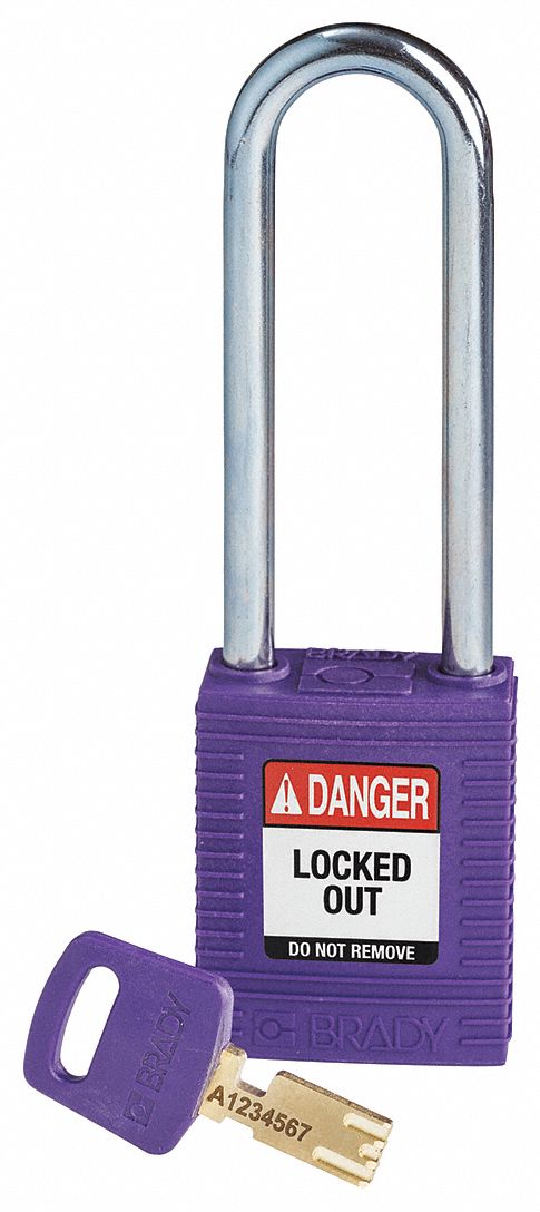 Lockout Padlock: Keyed Different, Nylon, Std Body Body Size, Steel, Extended, Purple, Plastic