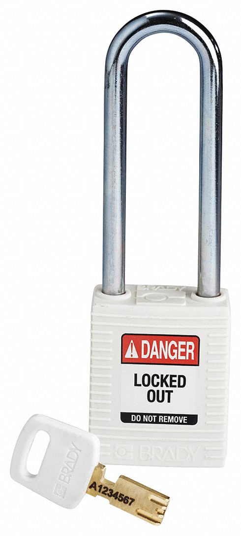 Lockout Padlock: Keyed Different, Nylon, Std Body Body Size, Steel, Extended, White, Plastic