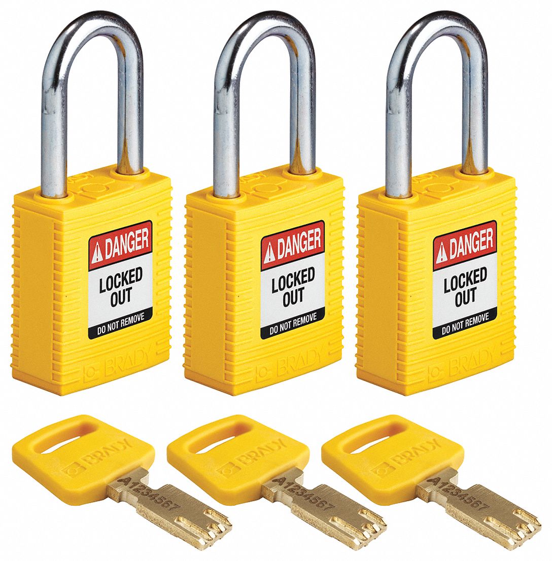 Lockout Padlock: Keyed Alike, Nylon, Std Body Body Size, Steel, Std, Yellow, 3 Pack Size
