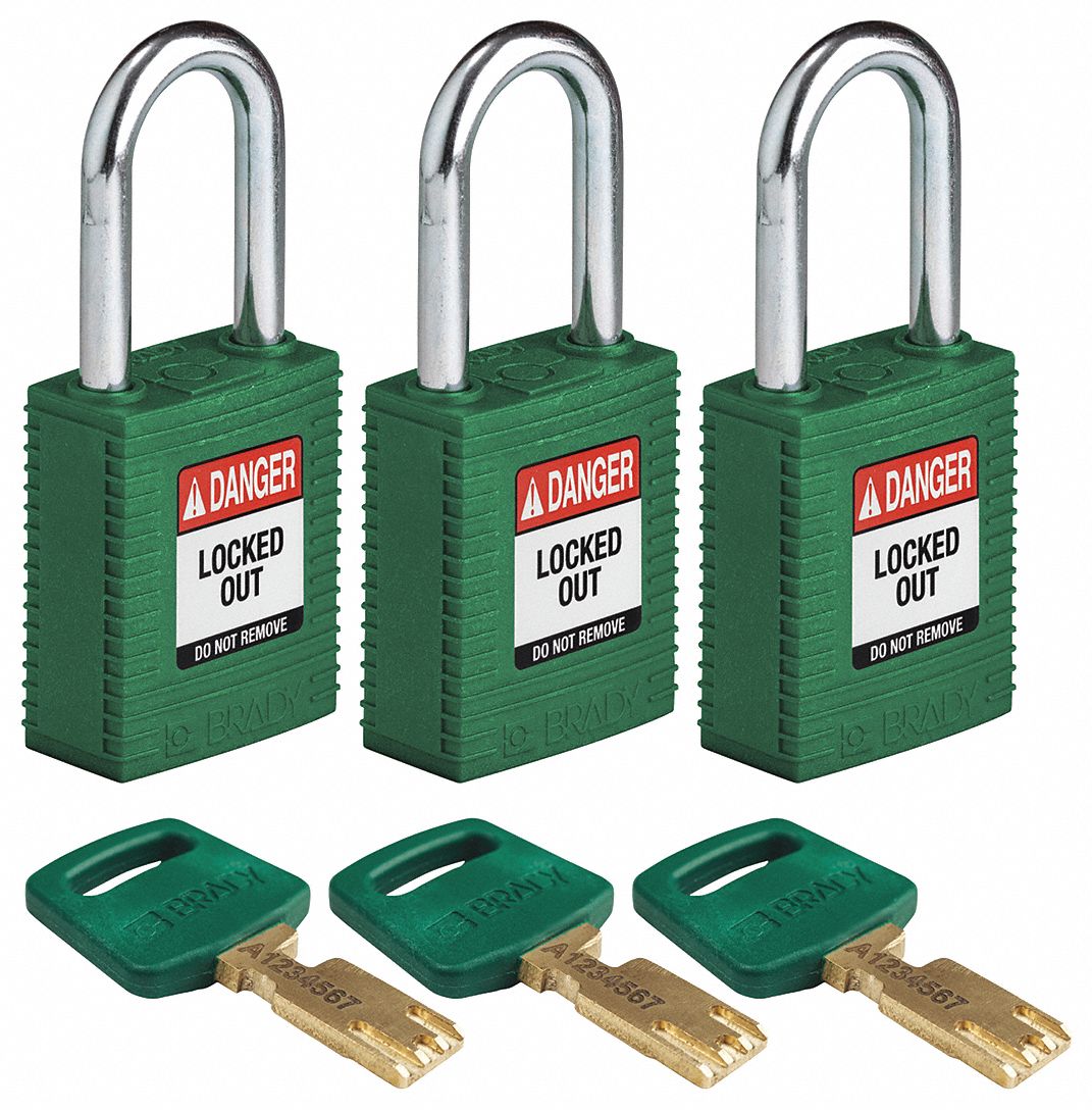 Lockout Padlock: Keyed Alike, Nylon, Std Body Body Size, Steel, Std, Green, 3 Pack Size, BRADY