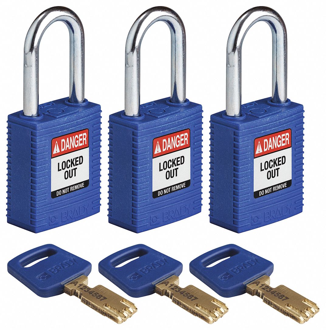 Lockout Padlock: Keyed Alike, Nylon, Std Body Body Size, Steel, Std, Blue, 3 Pack Size, BRADY