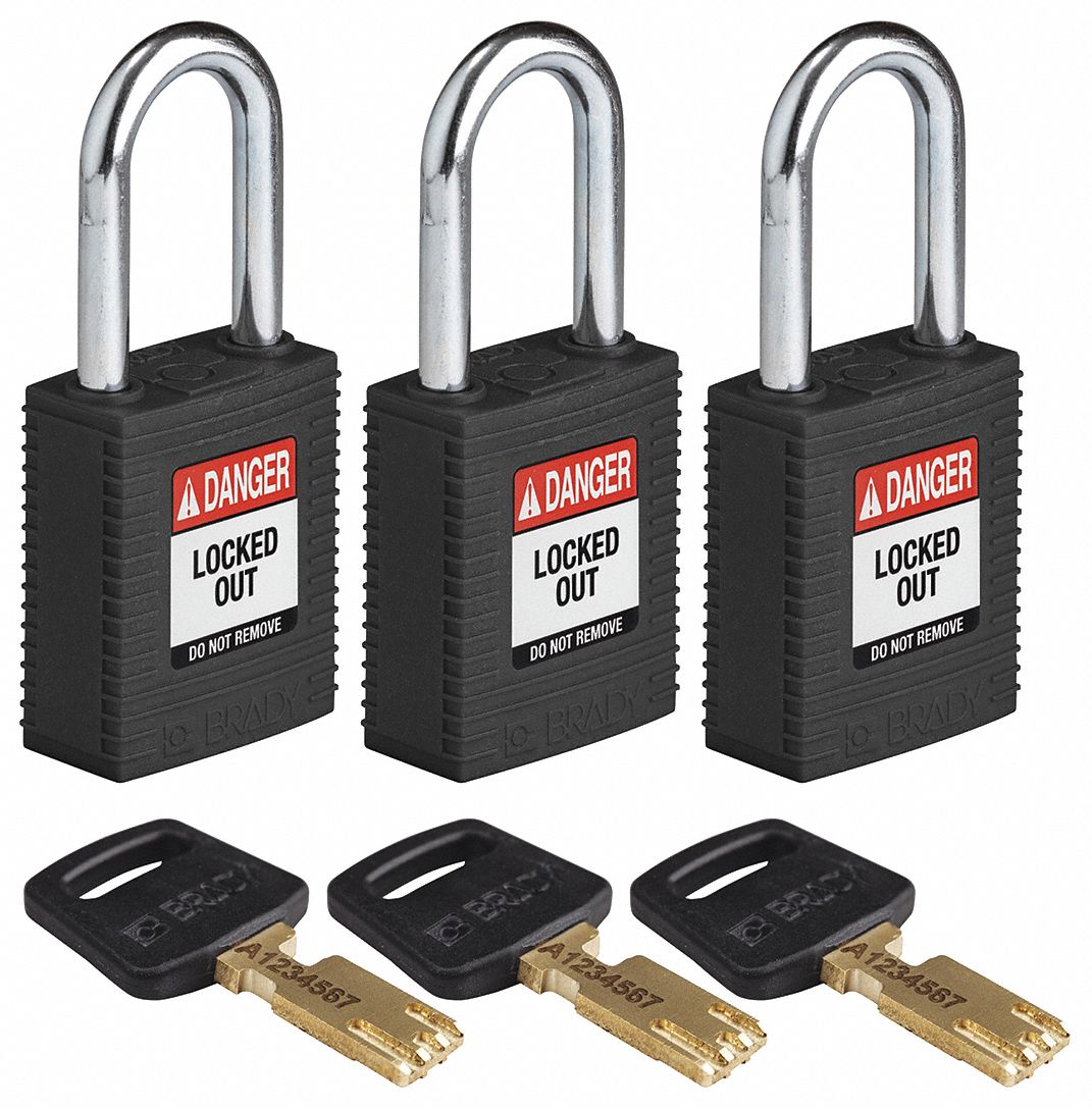 Lockout Padlock: Keyed Alike, Nylon, Std Body Body Size, Steel, Std, Black, 3 Pack Size, BRADY