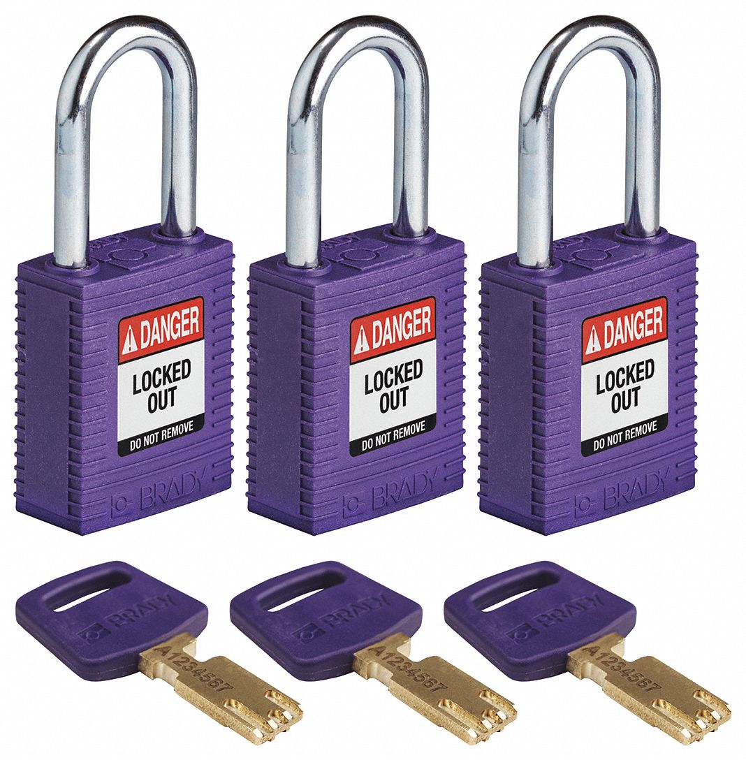 Lockout Padlock: Keyed Alike, Nylon, Std Body Body Size, Steel, Std, Purple, 3 Pack Size