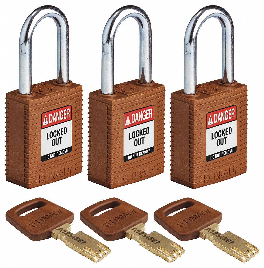 Lockout Padlock: Keyed Alike, Nylon, Std Body Body Size, Steel, Std, Brown, 3 Pack Size, BRADY