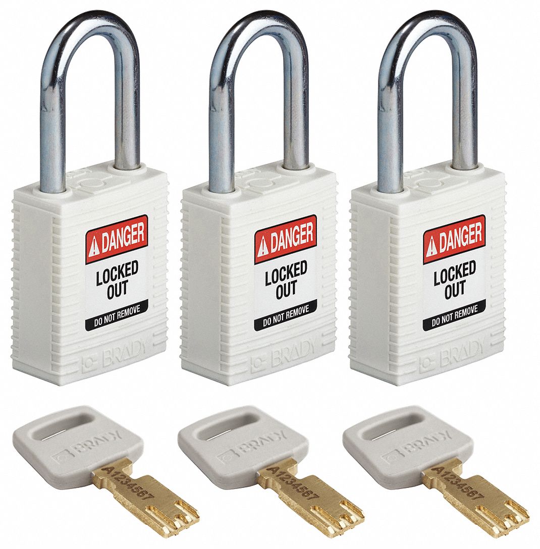 Lockout Padlock: Keyed Alike, Nylon, Std Body Body Size, Steel, Std, White, 3 Pack Size, BRADY