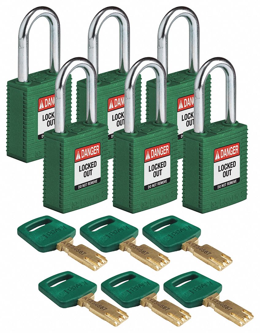Lockout Padlock: Keyed Alike, Nylon, Std Body Body Size, Steel, Std, Green, 6 Pack Size, BRADY