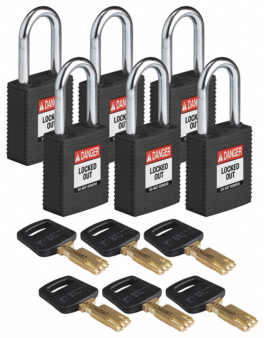 BRADY Lockout Padlock, PK 6 - 55JX72|NYL-BLK-38ST-KA6PK - Grainger