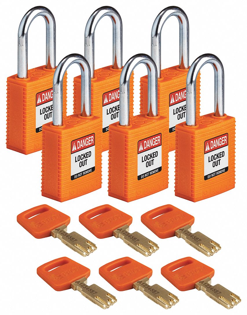 Lockout Padlock: Keyed Alike, Nylon, Std Body Body Size, Steel, Std, Orange, 6 Pack Size