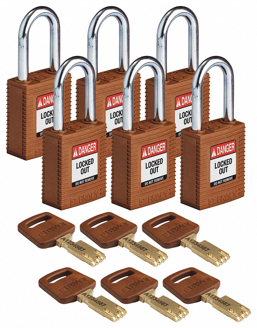 Lockout Padlock: Keyed Alike, Nylon, Std Body Body Size, Steel, Std, Brown, 6 Pack Size, BRADY