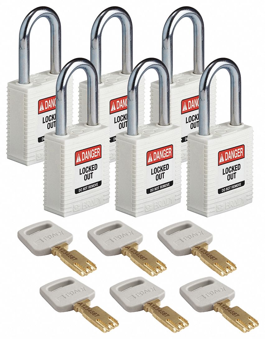 Lockout Padlock: Keyed Alike, Nylon, Std Body Body Size, Steel, Std, White, 6 Pack Size, BRADY
