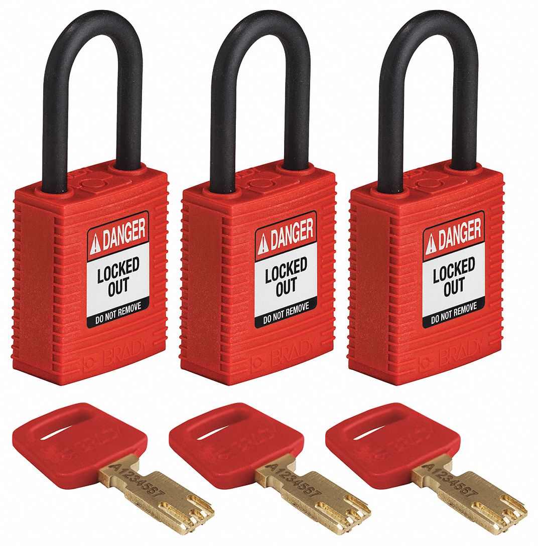 BRADY Lockout Padlock, PK 3 55JX86NYLRED38PLKA3PK Grainger
