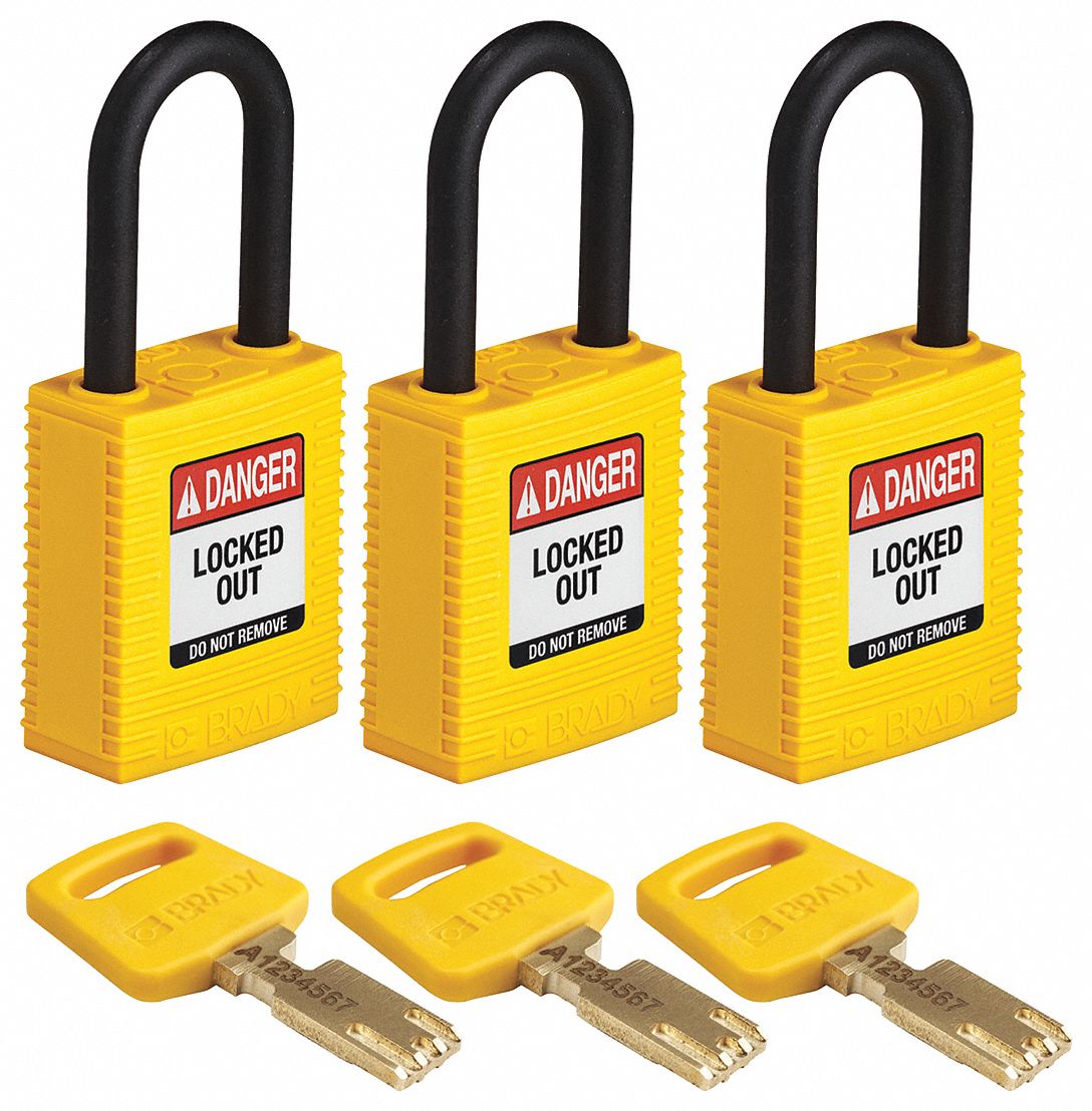 Lockout Padlock: Keyed Alike, Nylon, Std Body Body Size, Plastic, Std, Yellow, 3 Pack Size