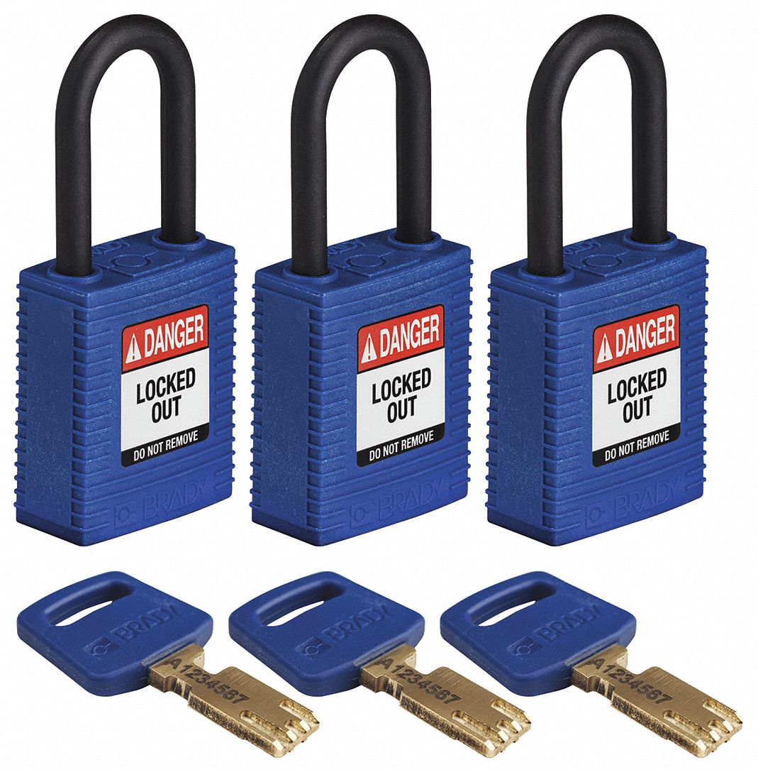 Lockout Padlock: Keyed Alike, Nylon, Std Body Body Size, Plastic, Std, Blue, 3 Pack Size