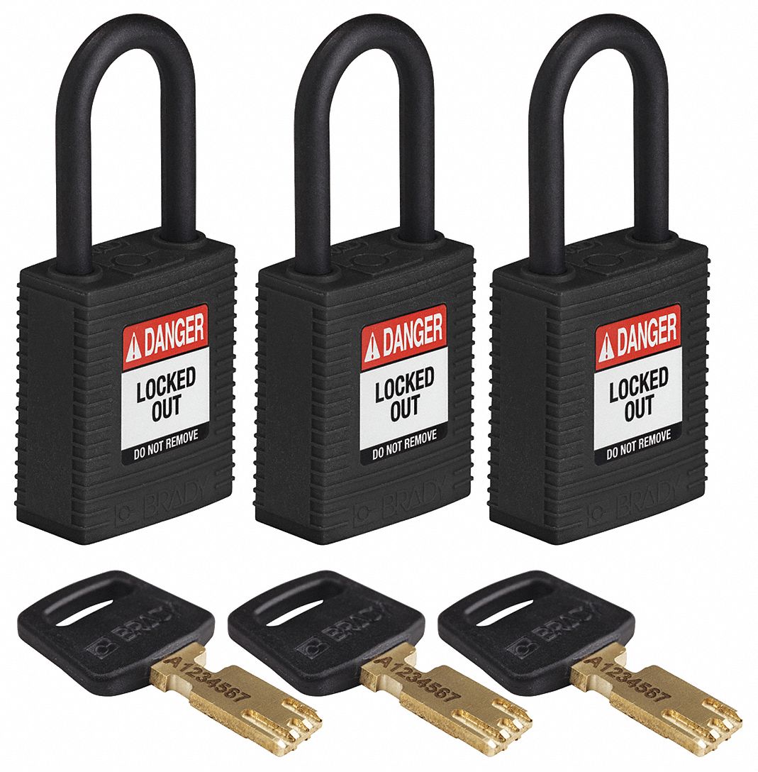 Lockout Padlock: Keyed Alike, Nylon, Std Body Body Size, Plastic, Std, Black, 3 Pack Size