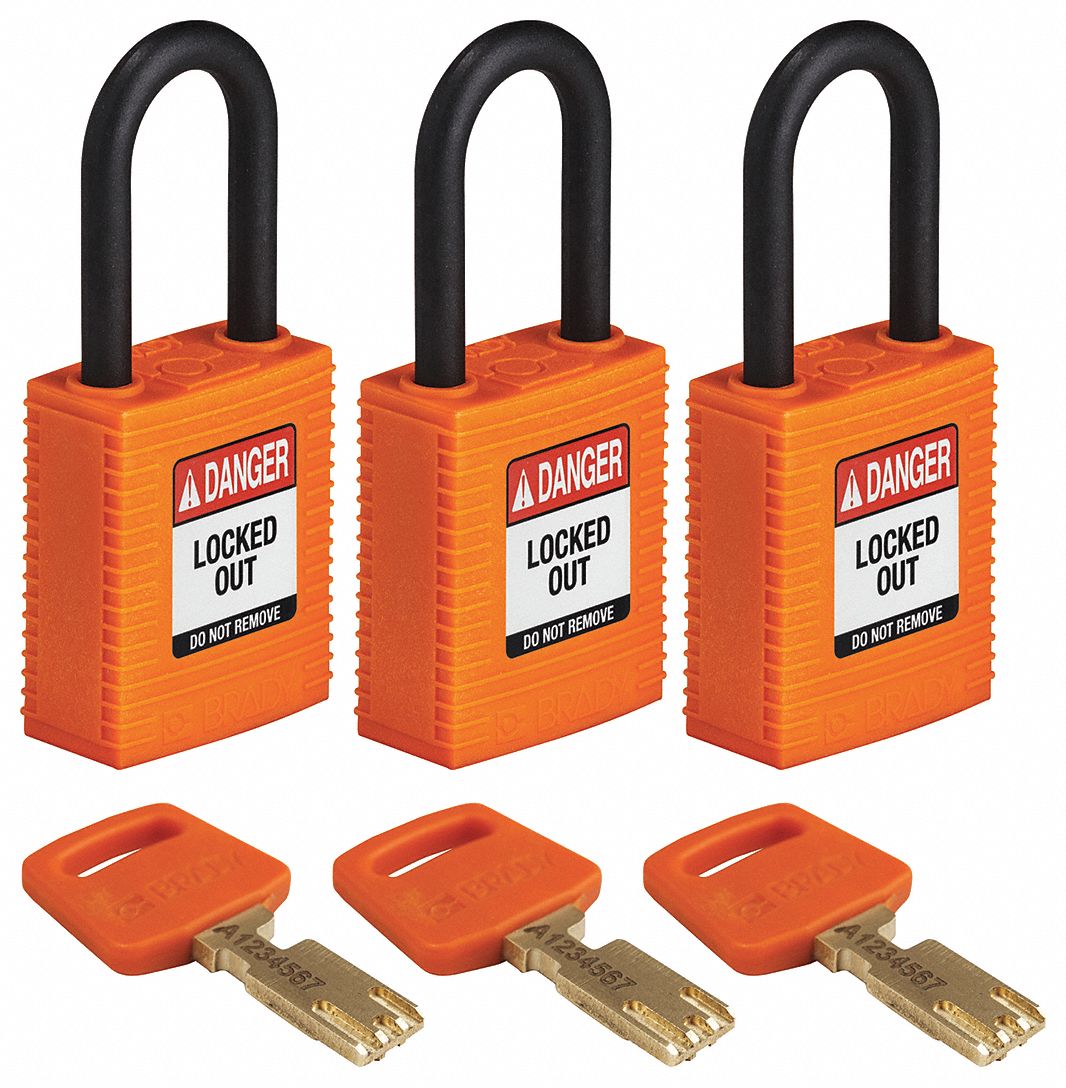 Lockout Padlock: Keyed Alike, Nylon, Std Body Body Size, Plastic, Std, Orange, 3 Pack Size