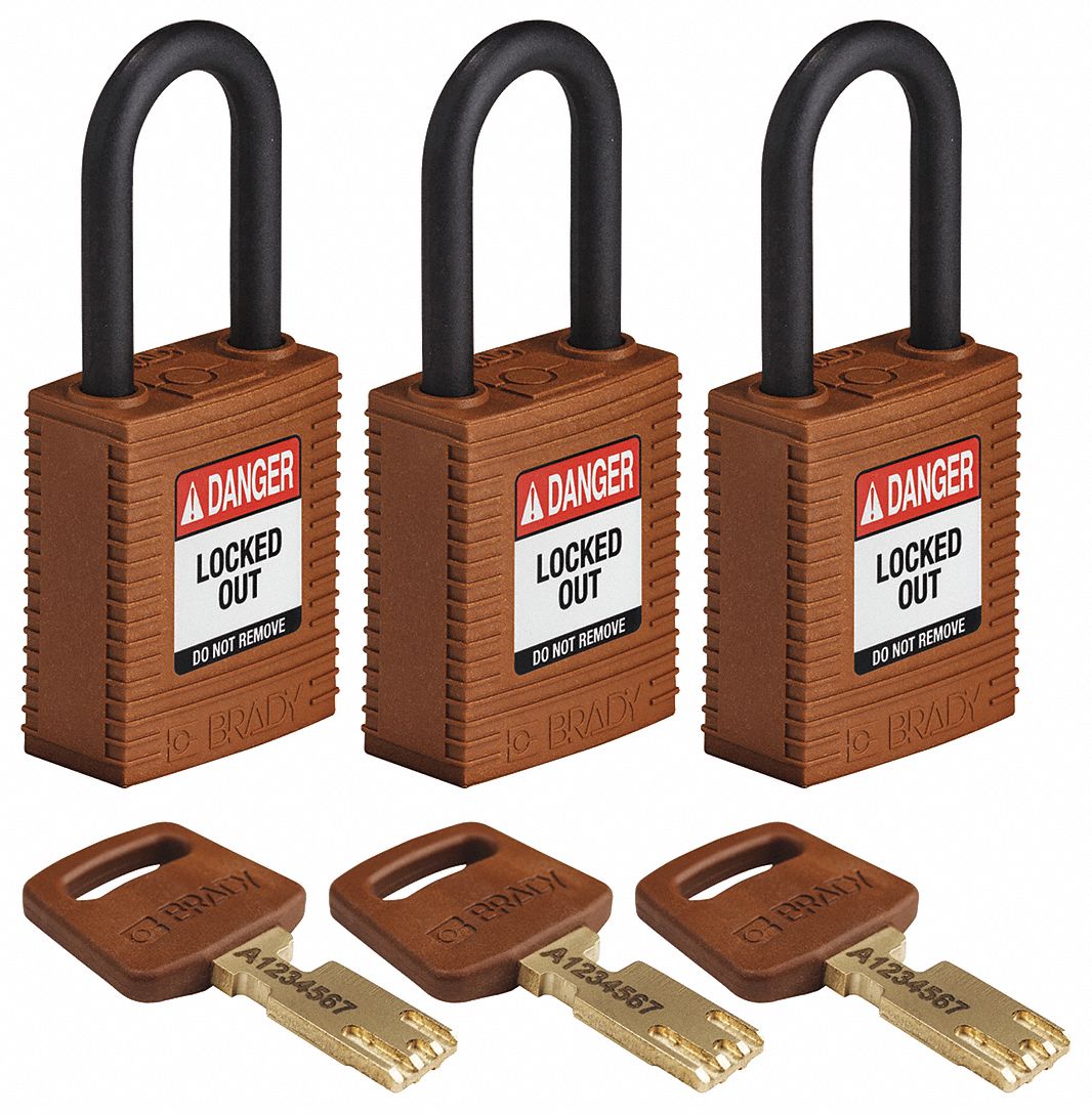 Lockout Padlock: Keyed Alike, Nylon, Std Body Body Size, Plastic, Std, Brown, 3 Pack Size