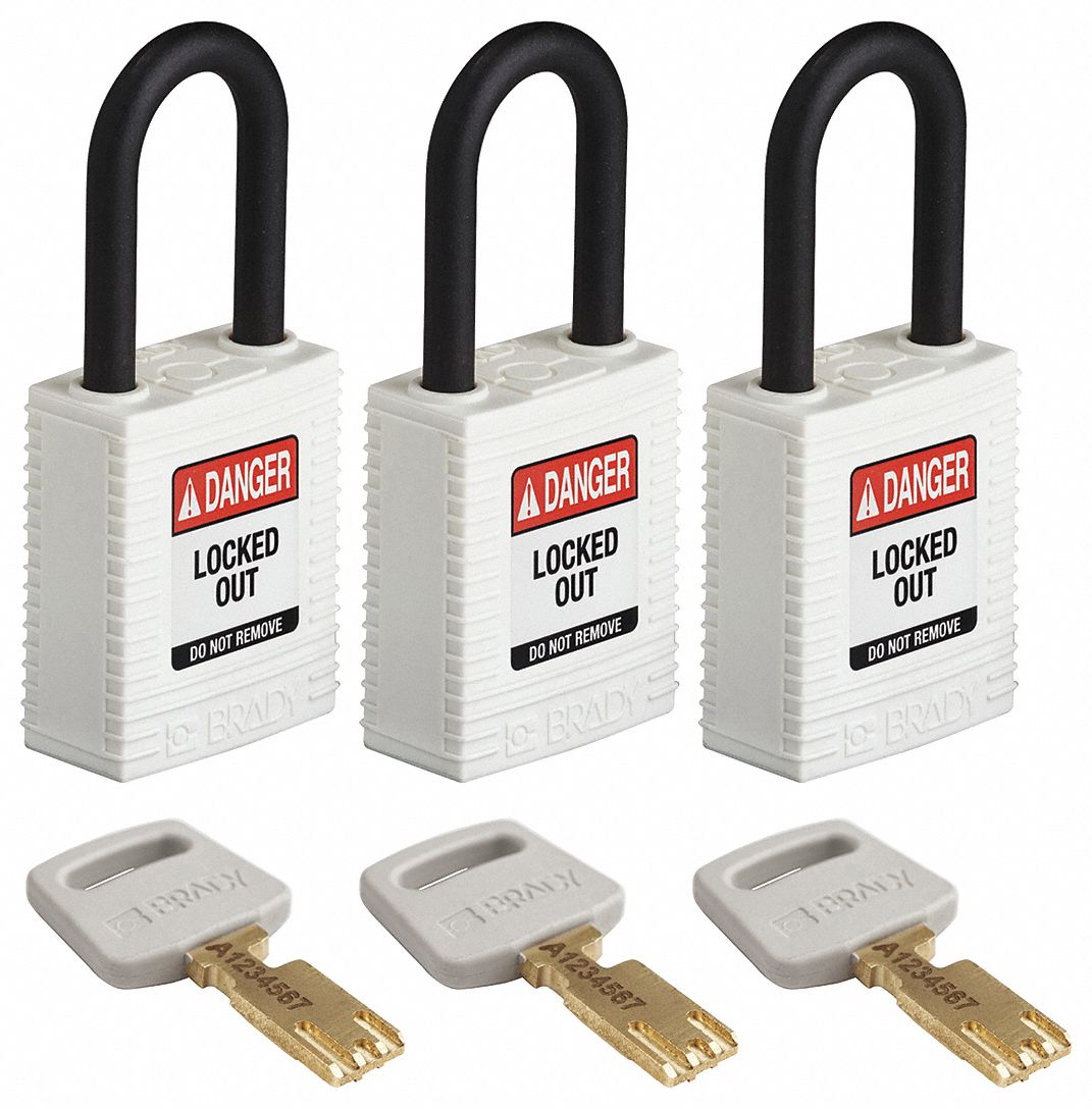 Lockout Padlock: Keyed Alike, Nylon, Std Body Body Size, Plastic, Std, White, 3 Pack Size