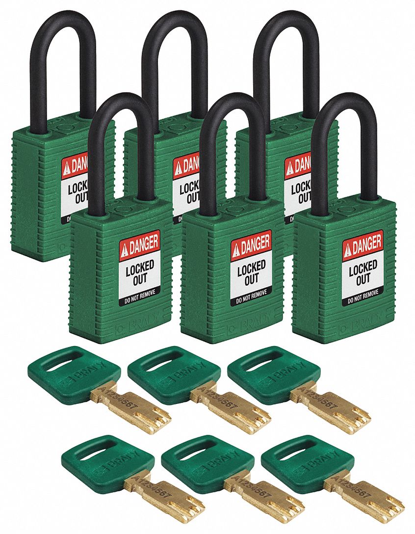 Lockout Padlock: Keyed Alike, Nylon, Std Body Body Size, Plastic, Std, Green, 6 Pack Size