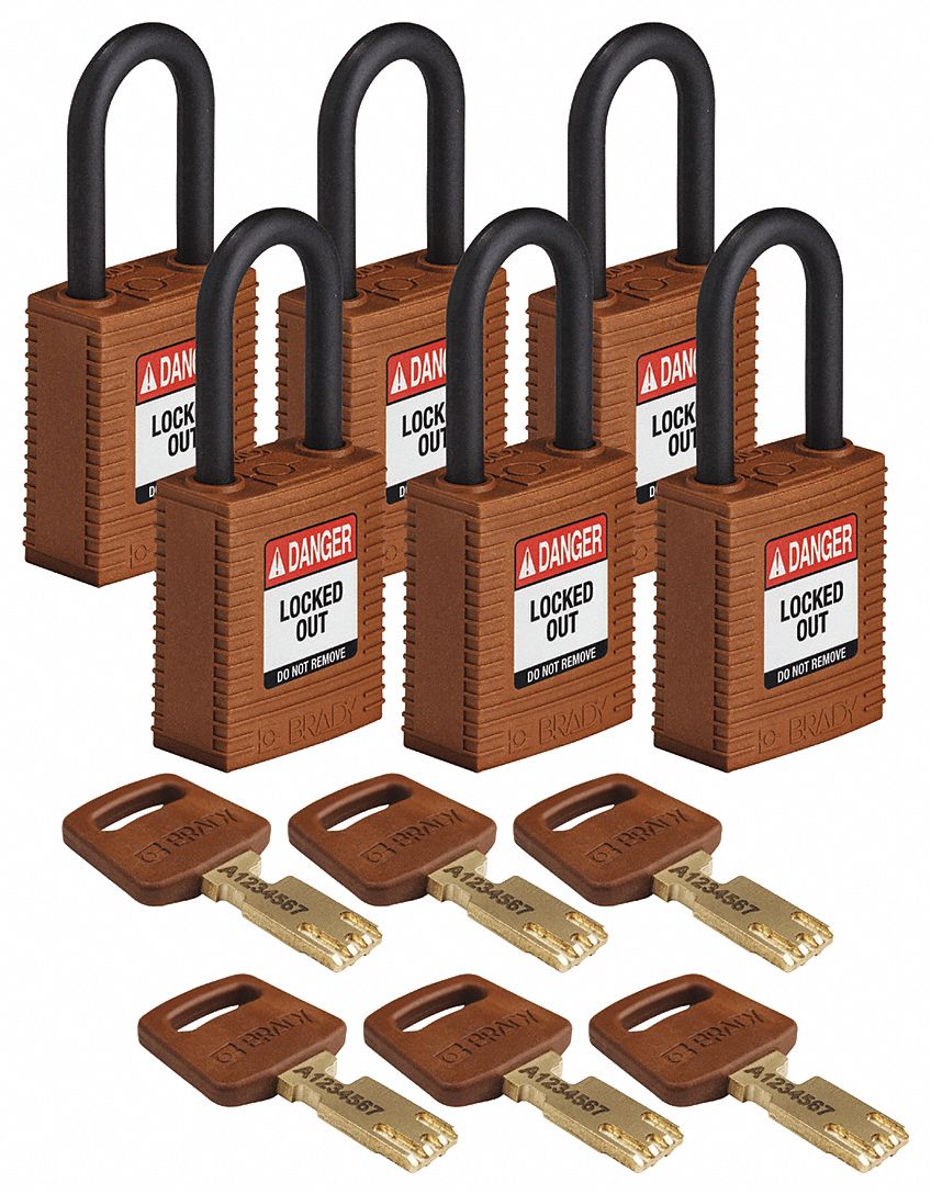 Lockout Padlock: Keyed Alike, Nylon, Std Body Body Size, Plastic, Std, Brown, 6 Pack Size, Key