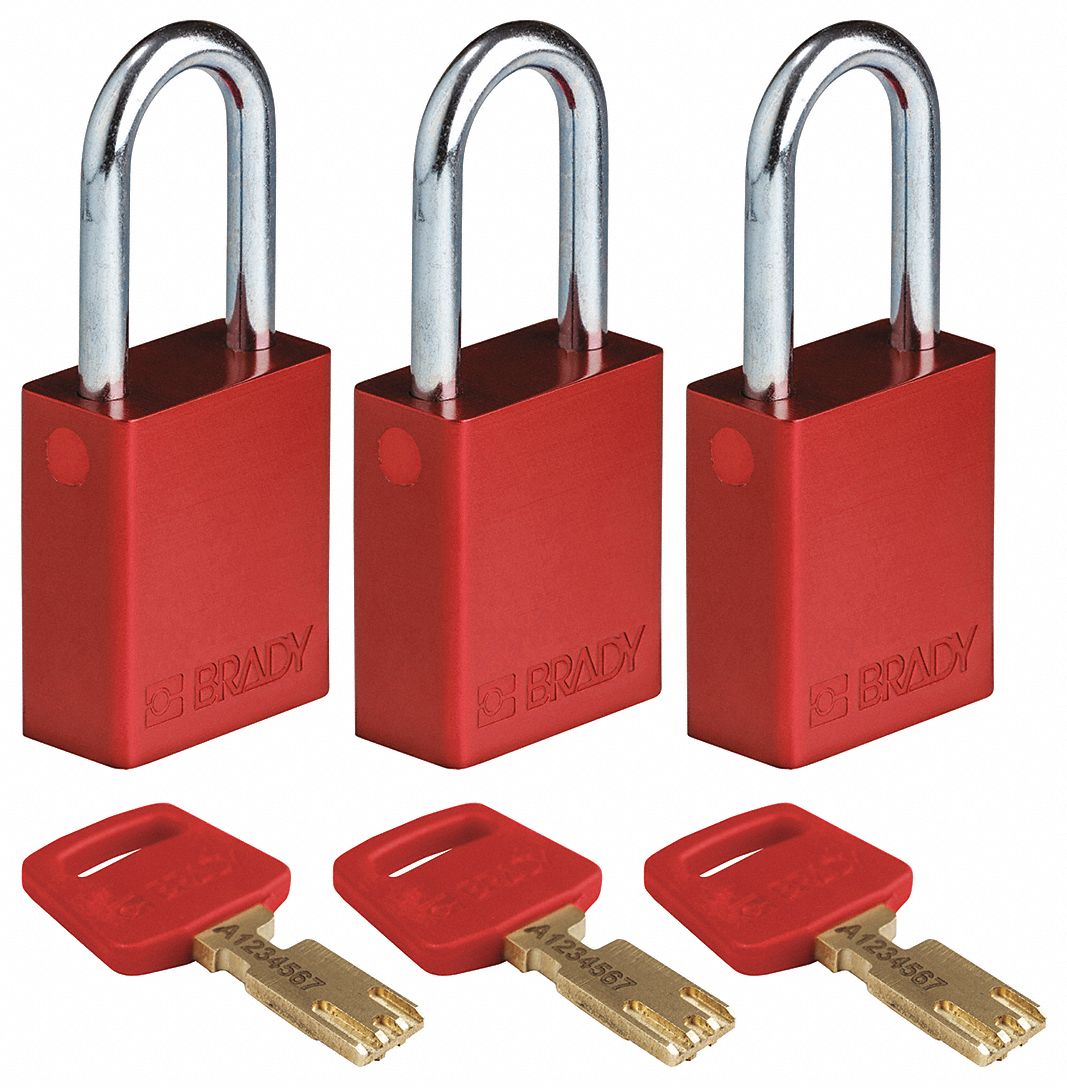 Lockout Padlock: Keyed Alike, Aluminum, Std Body Body Size, Steel, Std, Red, 3 Pack Size