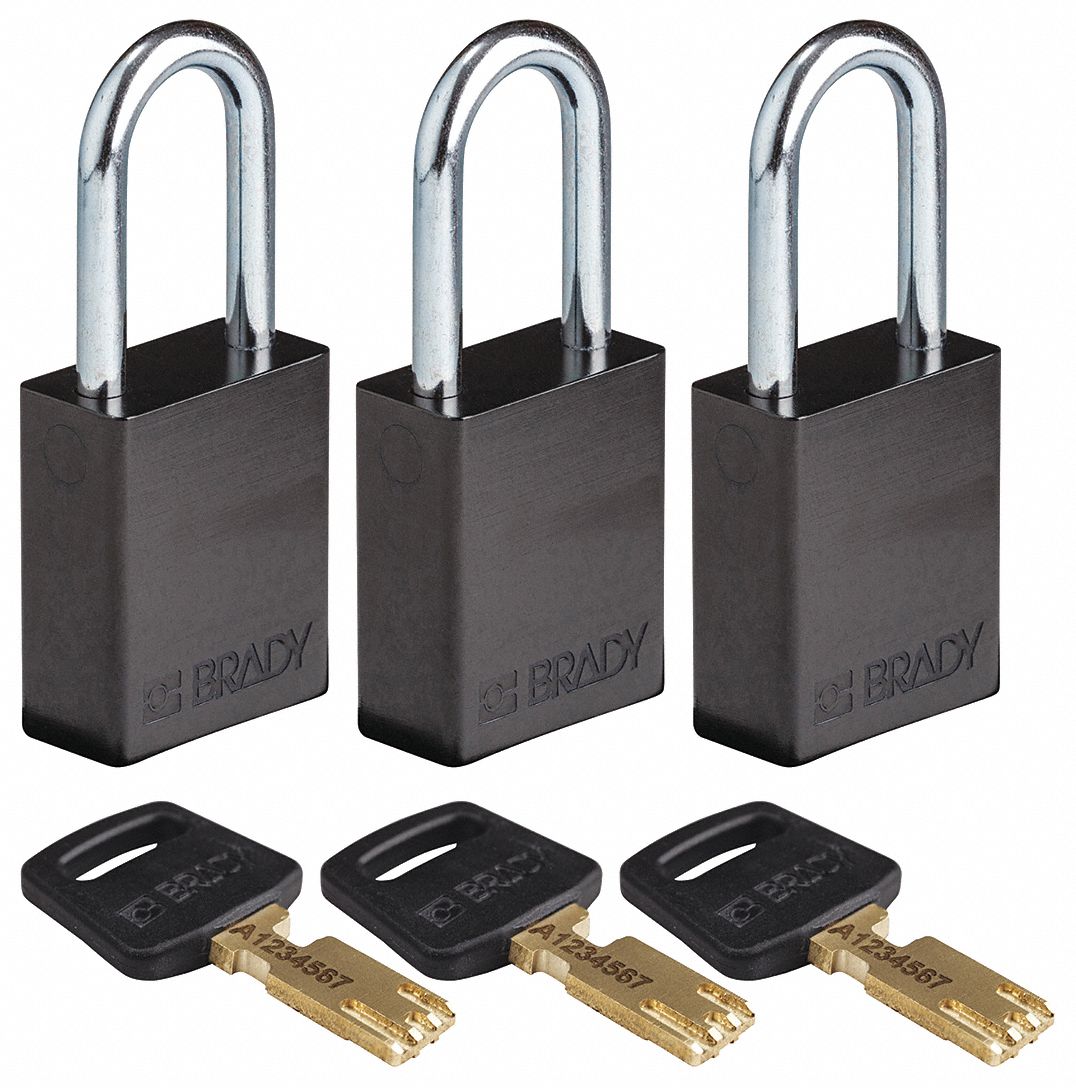 Lockout Padlock: Keyed Alike, Aluminum, Std Body Body Size, Steel, Std, Black, 3 Pack Size
